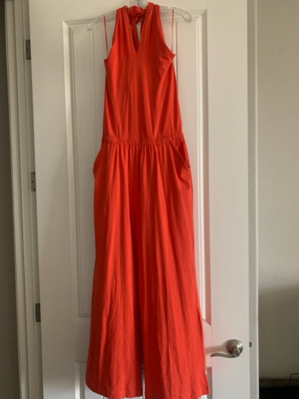 NWOT- PACT coral orange Halter Wide Leg Jumpsuit - Medium